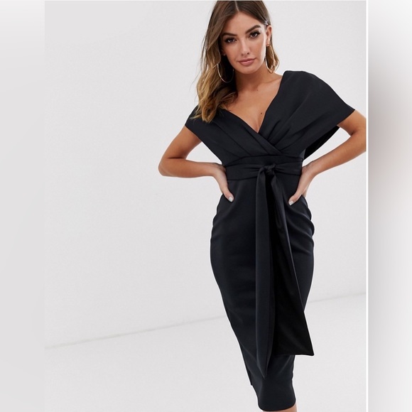 ASOS black fallen shoulder midi pencil dress - Picture 1 of 5